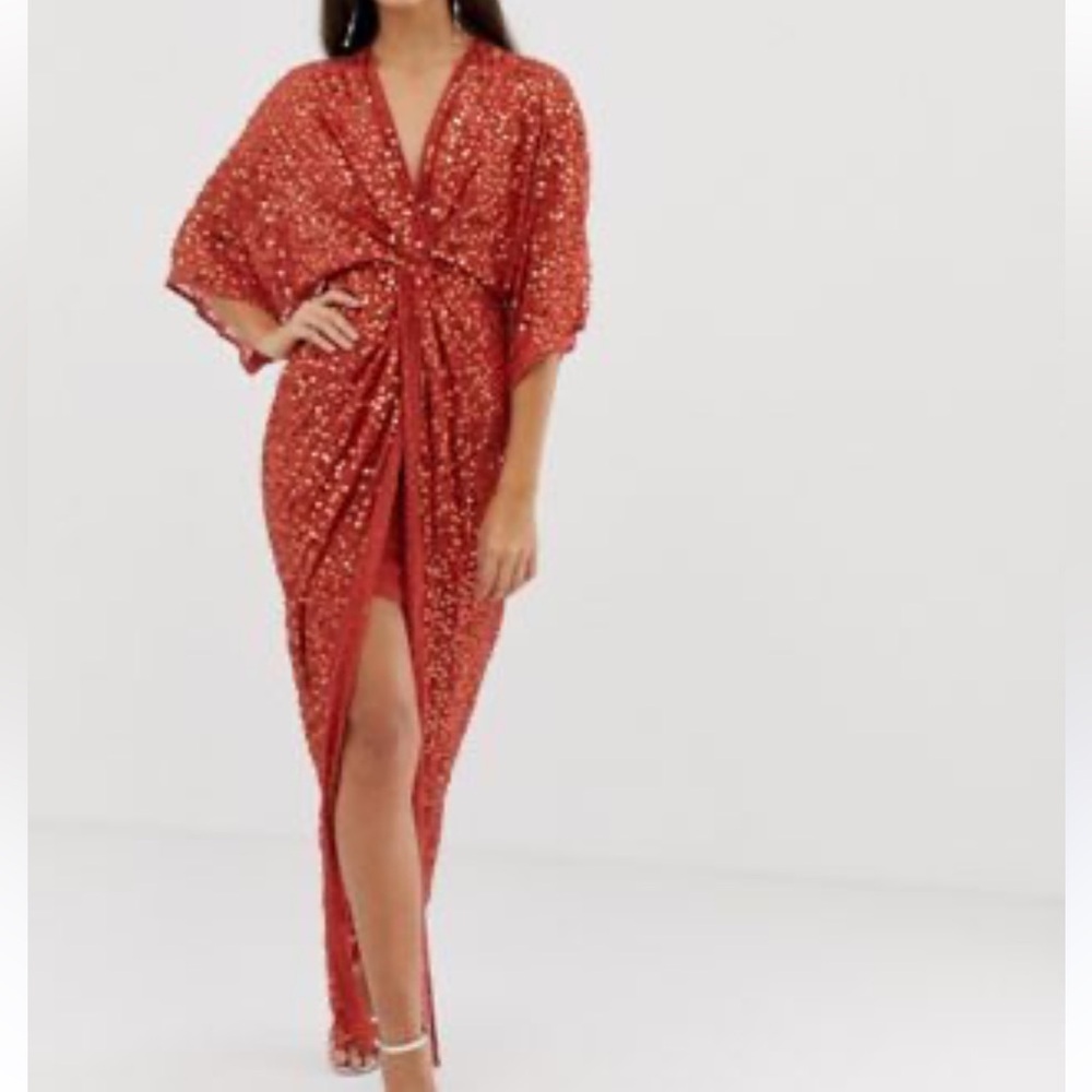 NWT🧡ASOS DESIGN Burnt Orange Sequin Kimono Sleeve Maxi Dress. Size 2